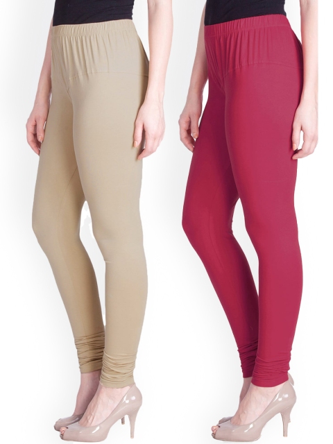 

LYRA Women Pack Of 2 Beige & Red Cotton Churidar Length Leggings