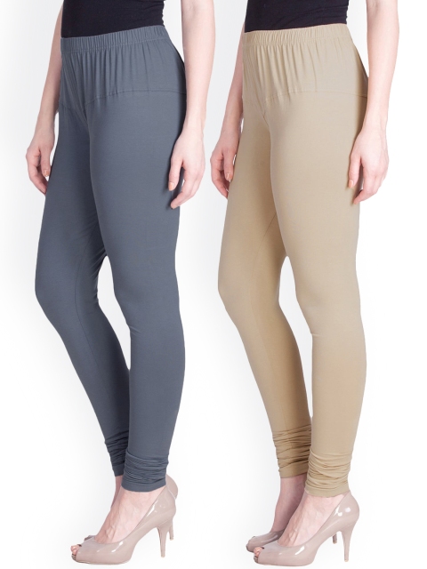 

LYRA Women Pack Of 2 Grey & Beige Cotton Churidar Length Leggings