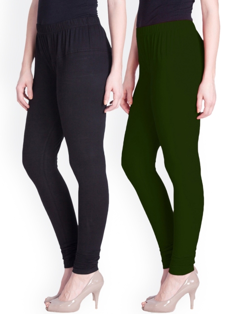 

LYRA Women Pack Of 2 Green & Black Cotton Churidar-Length Leggings