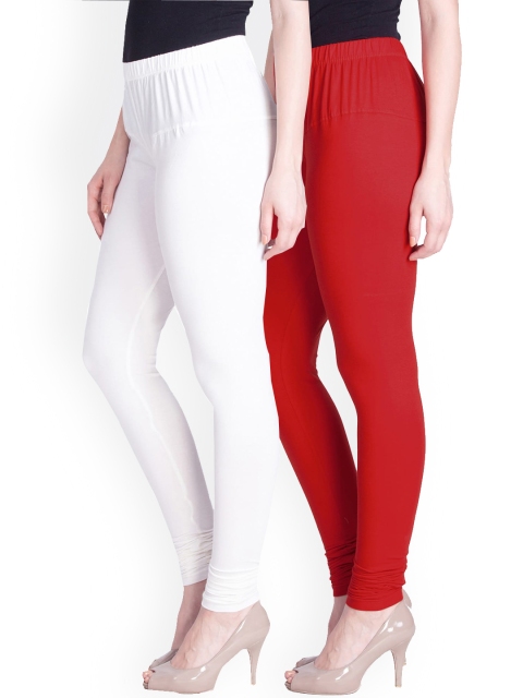 

LYRA Women Pack Of 2 White & Red Cotton Churidar Length Leggings