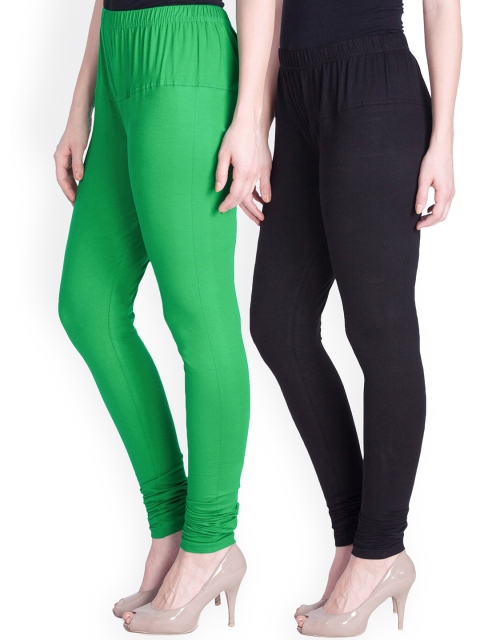 

LYRA Women Pack Of 2 Black & Green Churidar-Length Leggings