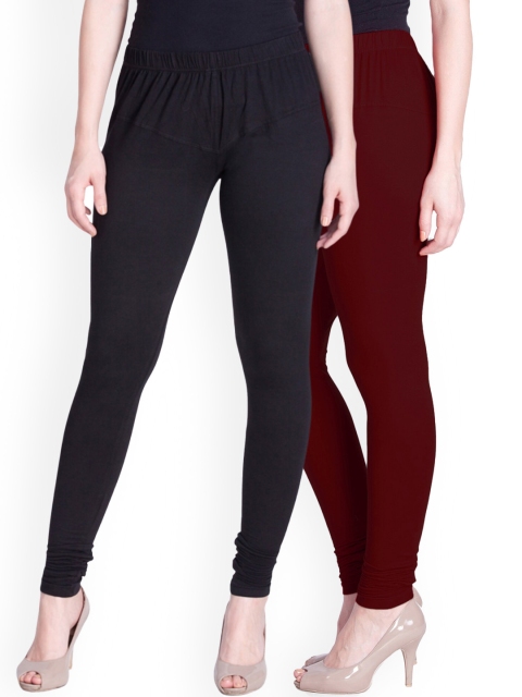

LYRA Women Pack Of 2 Burgundy & Black Churidar Length Leggings