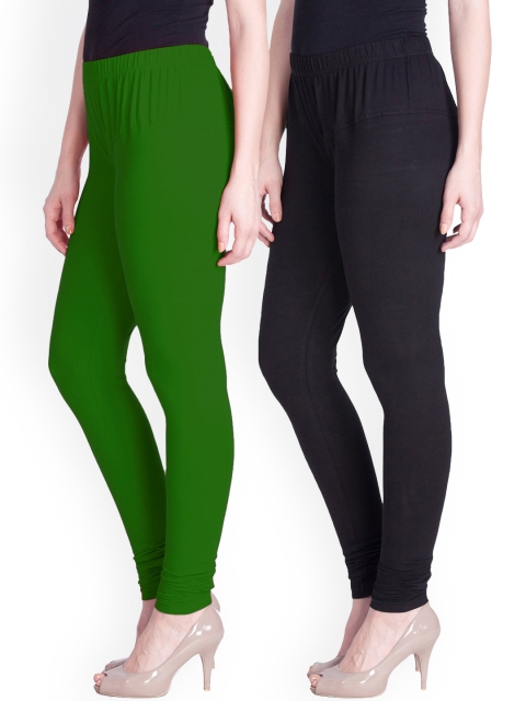 

LYRA Women Pack Of 2 Black & Green Churidar-Length Leggings
