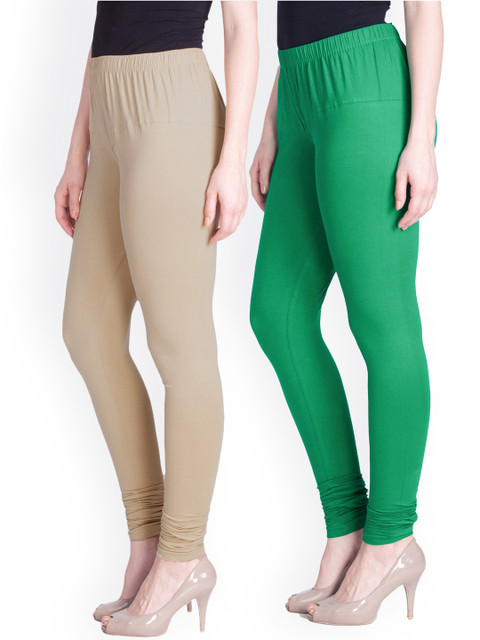 

LYRA Women Pack Of 2 Green & Cream Churidar Length Leggings