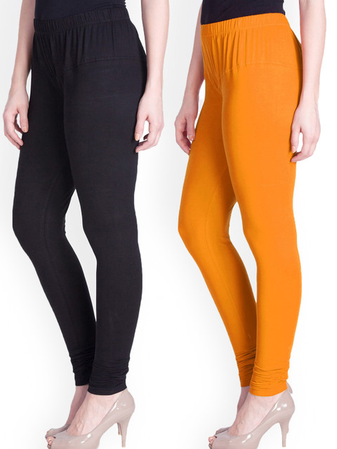 

LYRA Women Pack Of 2 Black & Mustard Yellow Churidar Length Leggings