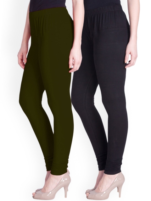 

LYRA Women Pack Of 2 Olive Green & Black Churidar Length Leggings