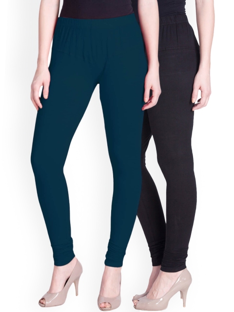 

LYRA Women Pack Of 2 Teal Blue & Black Churidar Length Leggings