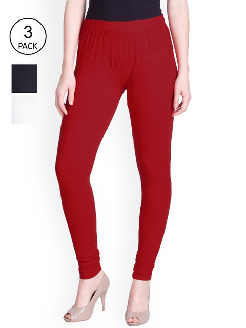 

LYRA Women Pack Of 3 Red & Black Churidar Length Leggings