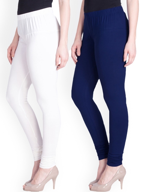 

LYRA Women Pack Of 2 White & Blue Churidar Length Leggings