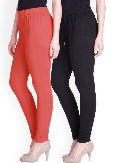 

LYRA Women Pack Of 2 Coral & Black Churidar-Length Leggings