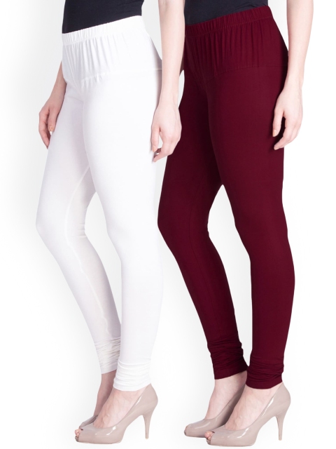 

LYRA Women Pack Of 2 White & Maroon Churidar Length Leggings