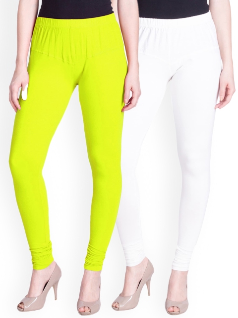 

LYRA Women Pack Of 2 Lime Yellow & White Churidar-Length Leggings, Lime green