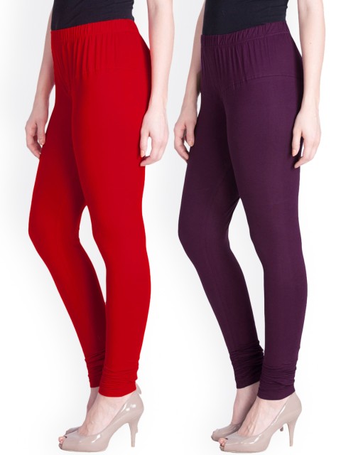 

LYRA Women Pack Of 2 Red & Purple Churidar Length Cotton Leggings