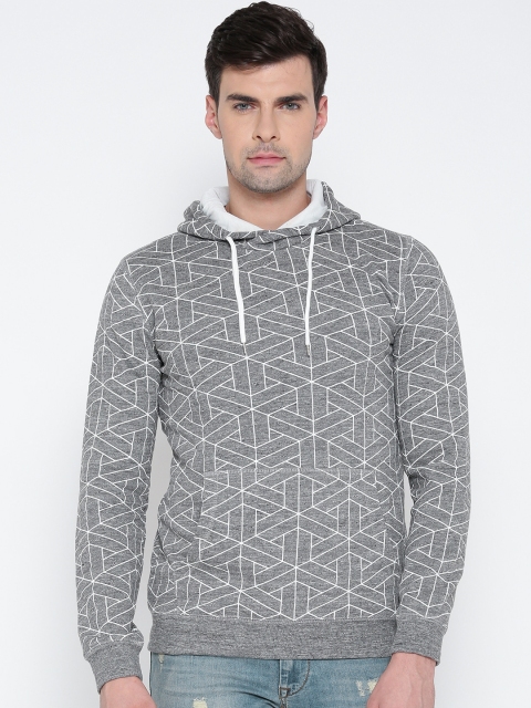 

FOREVER 21 Men Grey Melange Printed Hooded Sweatshirt