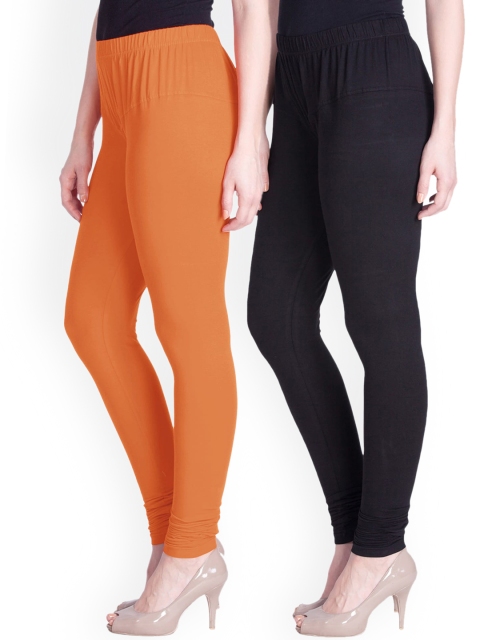 

LYRA Women Pack Of 2 Churidar-Length Solid Leggings, Orange