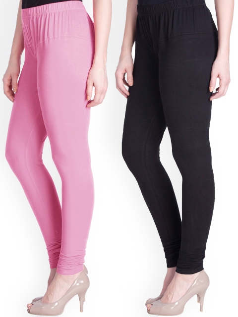 

LYRA Women Pack Of 2 Pink & Black Cotton Churidar-Length Cotton Leggings