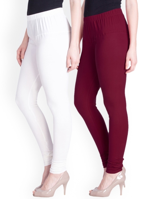 

LYRA Women white & maroon Pack Of 2 Cotton Churidar-Length Leggings
