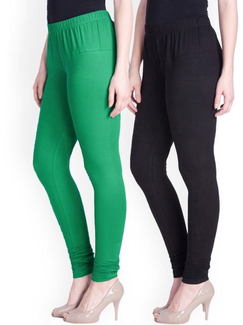 

LYRA Women Pack Of 2 Green & Black Cotton Churidar-Length Leggings, Assorted