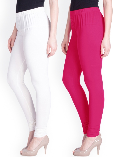 

LYRA Women Pack Of 2 White & Pink Cotton Churidar-Length Leggings