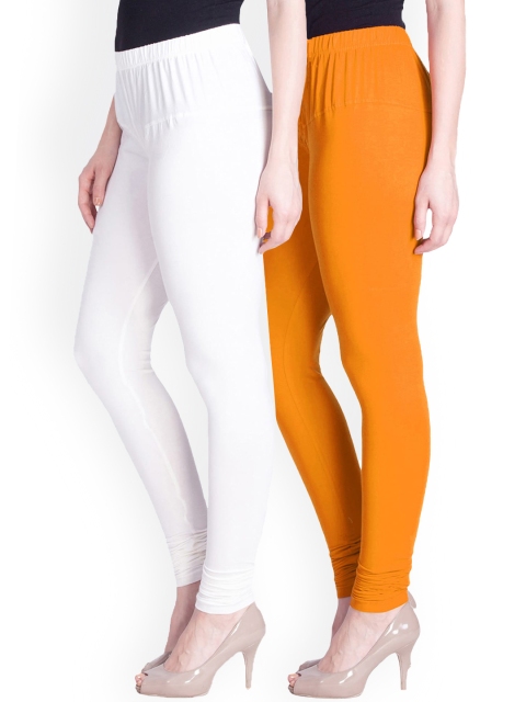 

LYRA Women White & Orange Pack Of 2 Cotton Churidar Length Leggings, Assorted