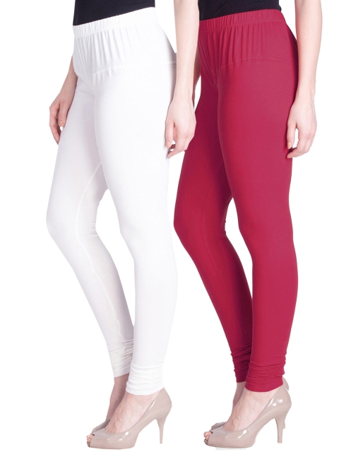

LYRA Women Pack Of 2 White & Maroon Cotton Churidar-Length Leggings, Assorted