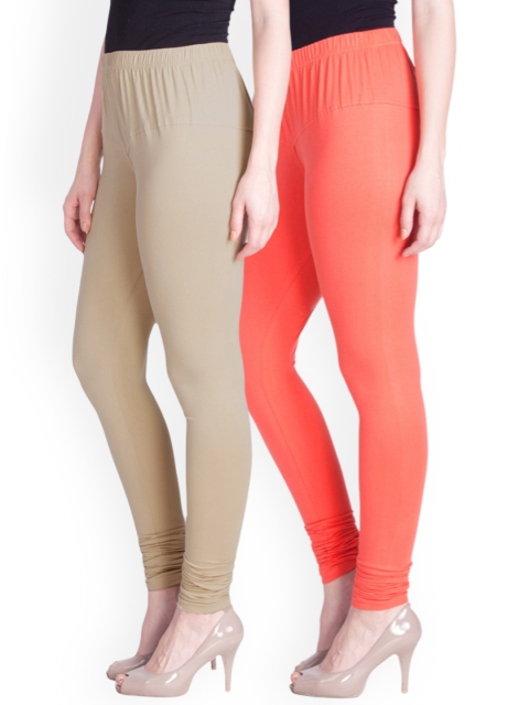 

LYRA Women pink & beige Pack Of 2 Cotton Churidar-Length Leggings