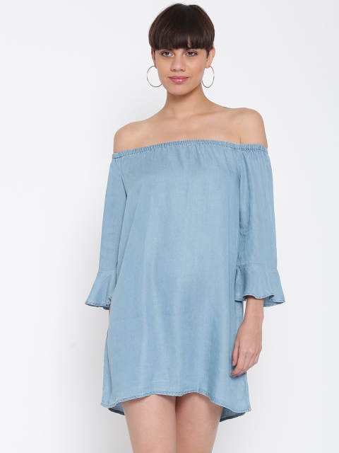 

FOREVER 21 Women Blue Solid Off-Shoulder Chambray Shift Dress