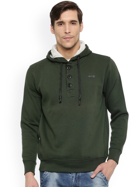 

t-base Men Green Solid Hooded Sweatshirt