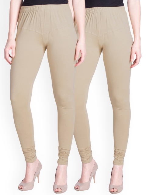 

LYRA Women Pack Of 2 Beige Solid Churidar-Length Cotton Lycra Leggings