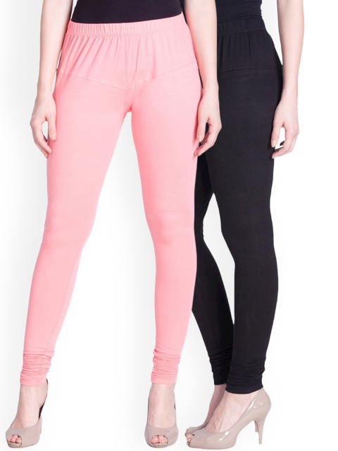 

LYRA Women Pack of 2 Pink & Black Churidar Length Cotton Leggings, Assorted