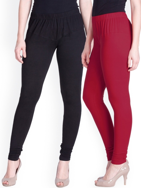 

LYRA Women Pack Of 2 Black & Red Churidar-Length Leggings