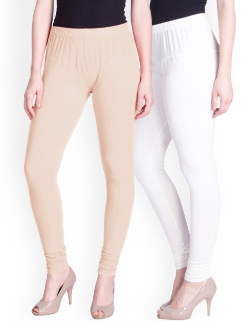 

LYRA Women Pack of 2 Cream & White Churidar Length Cotton Leggings