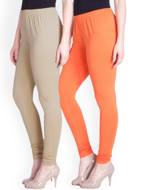 

LYRA Women Pack of 2 Orange & Beige Churidar Length Cotton Leggings
