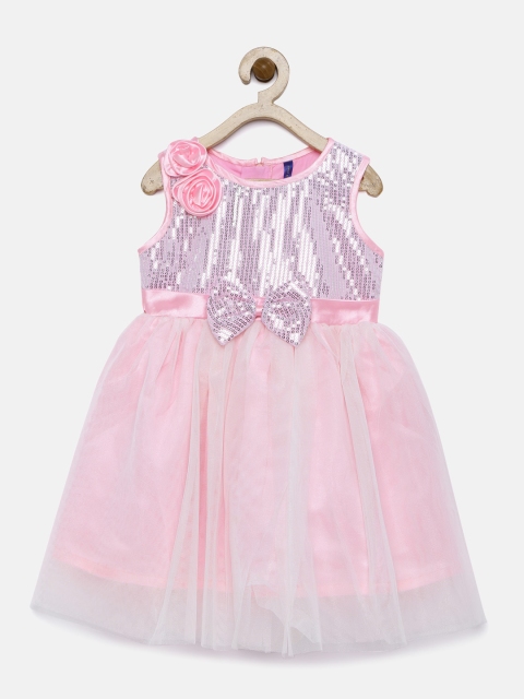 

YK Girls Pink Self Design Fit and Flare Dress