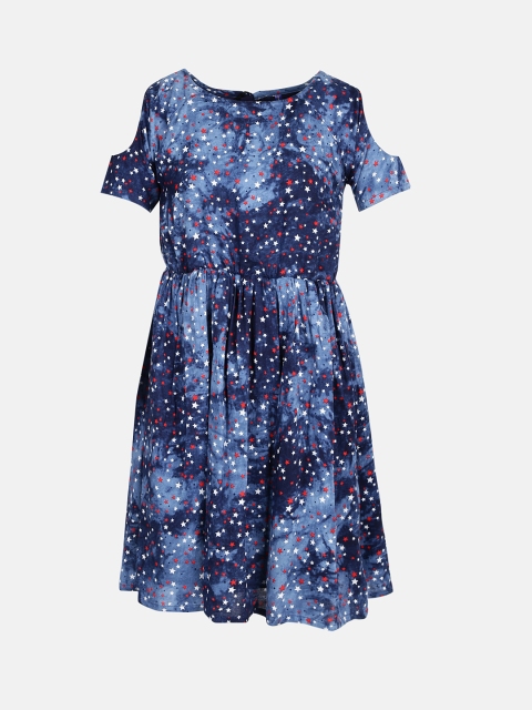 

YK Girls Navy Blue Printed Fit and Flare Dress