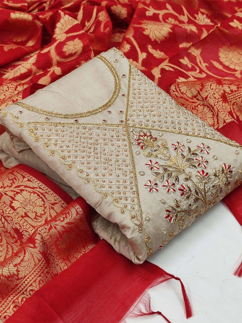 

KALINI Grey & Red Unstitched Dress Material