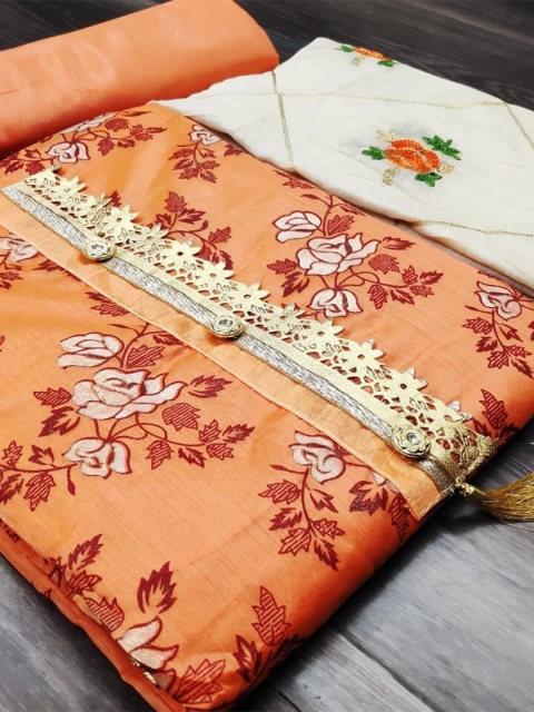 

KALINI Peach-Coloured & Off White Embroidered Unstitched Dress Material