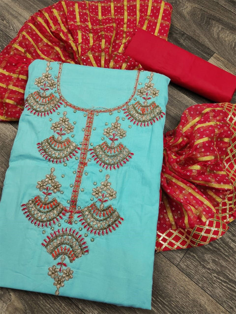 

KALINI Blue & Red Unstitched Dress Material