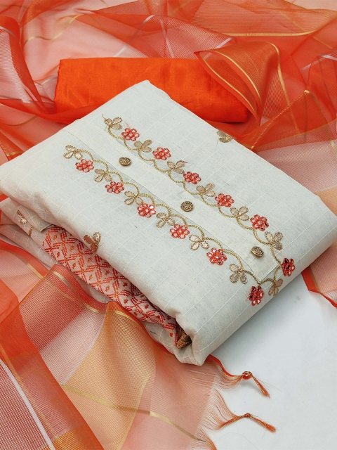 

KALINI White & Orange Unstitched Dress Material