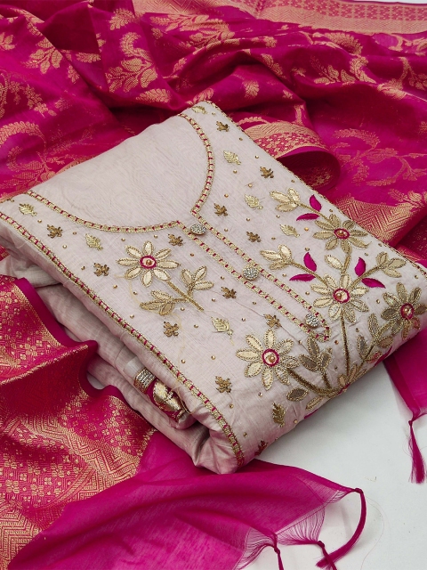 

KALINI Beige & Pink Unstitched Dress Material