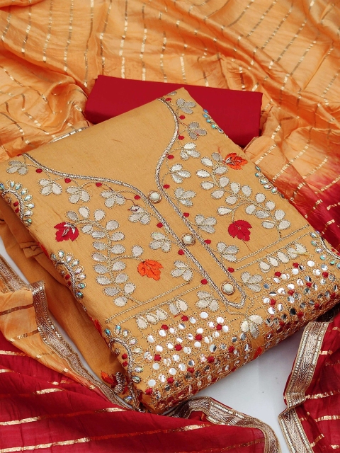 

KALINI Yellow & Red Embroidered Cotton Unstitched Dress Material