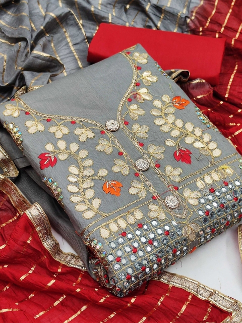 

KALINI Grey & Red Embroidered Cotton Unstitched Dress Material