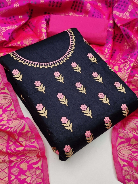 

KALINI Black & Pink Cotton Unstitched Floral Dress Material