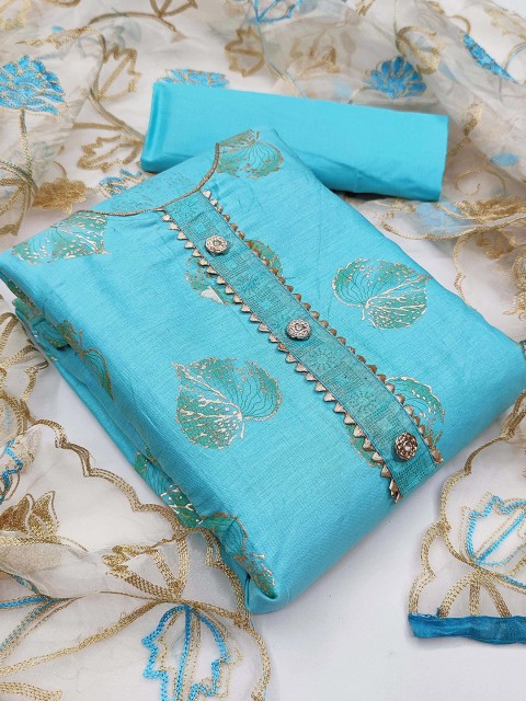 

KALINI Blue & Cream-Coloured Cotton Embroidered Unstitched Dress Material