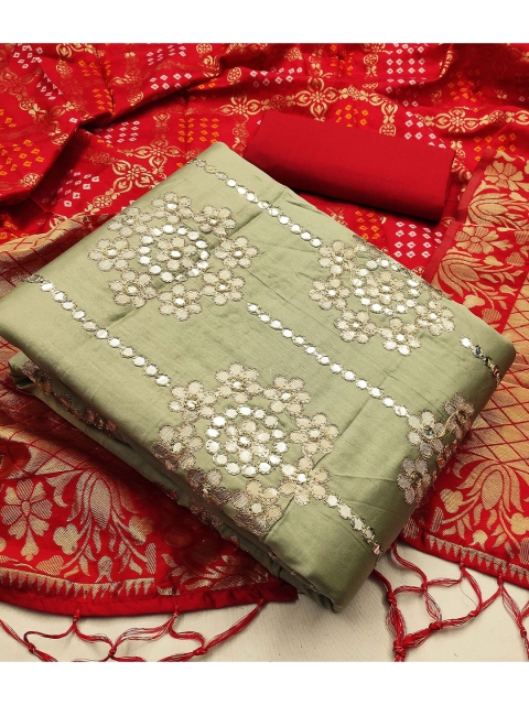 

KALINI Olive Green & White Unstitched Dress Material
