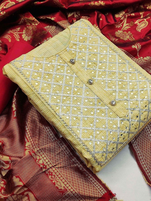 

KALINI Beige & Red Pure Cotton Unstitched Dress Material
