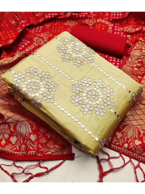 

KALINI Beige & Red Cotton Unstitched Dress Material