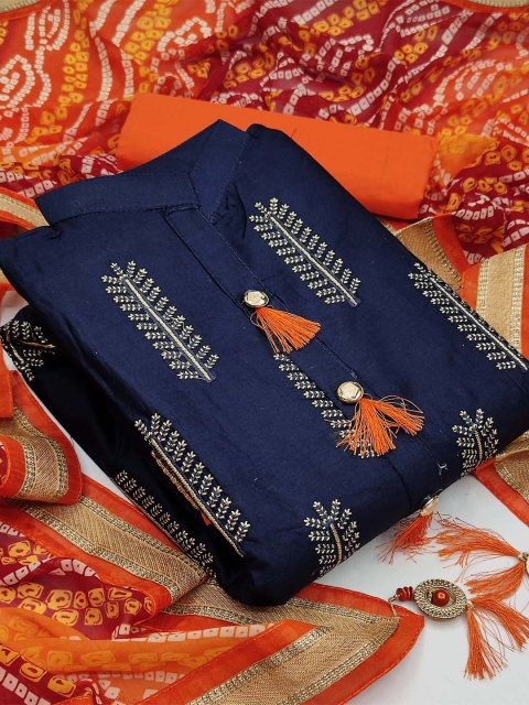 

KALINI Blue & Orange Cotton Unstitched Dress Material