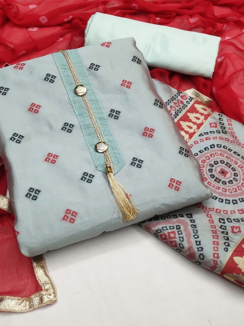 

KALINI Grey & Red Unstitched Dress Material