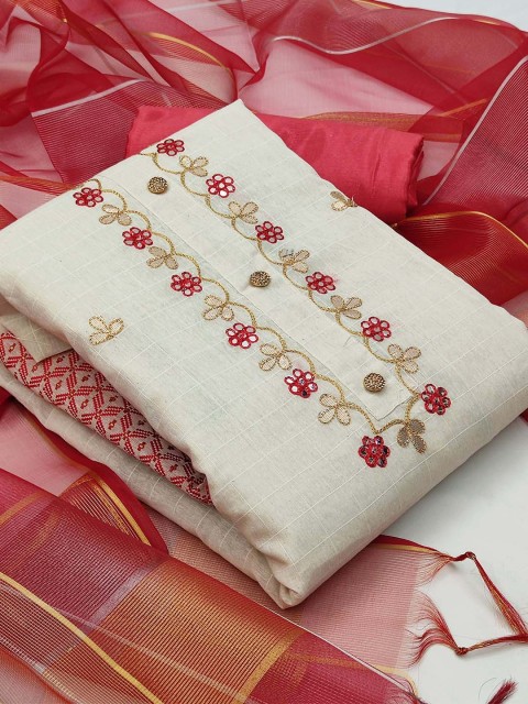 

KALINI White & Maroon Unstitched Dress Material